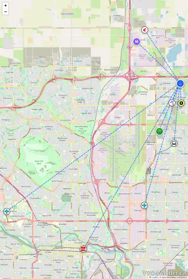 Daily accessibility map for 65 CORNER GLEN GR NE, Calgary showing nearby schools, grocery stores, parks, LRT stations and nearby amenities