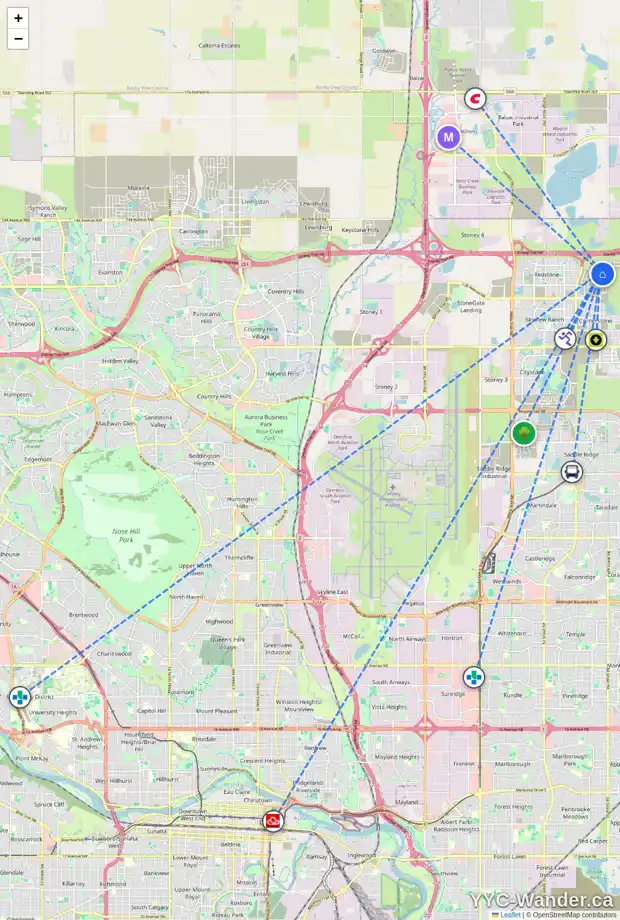 Daily accessibility map for 62 CORNER GLEN GD NE, Calgary showing nearby schools, grocery stores, parks, LRT stations and nearby amenities