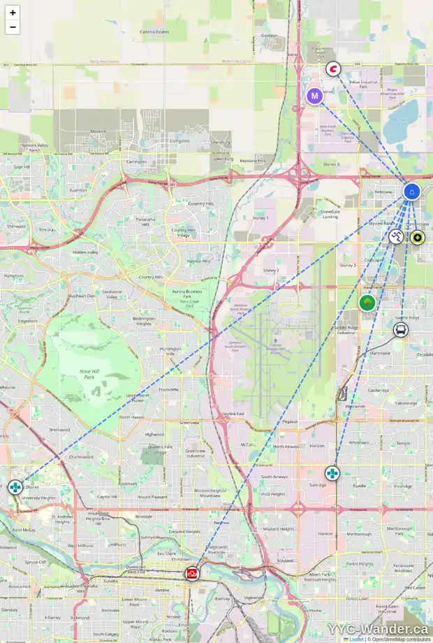 Daily accessibility map for 390 CORNER GLEN WY NE, Calgary showing nearby schools, grocery stores, parks, LRT stations and nearby amenities