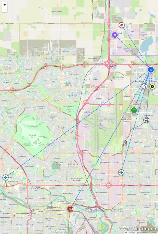 Daily accessibility map for 234 CORNER GLEN GD NE, Calgary showing nearby schools, grocery stores, parks, LRT stations and nearby amenities