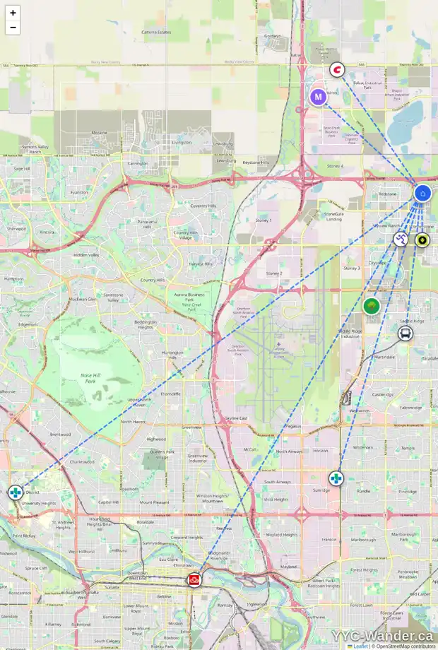 Daily accessibility map for 20 CORNER GLEN GR NE, Calgary showing nearby schools, grocery stores, parks, LRT stations and nearby amenities