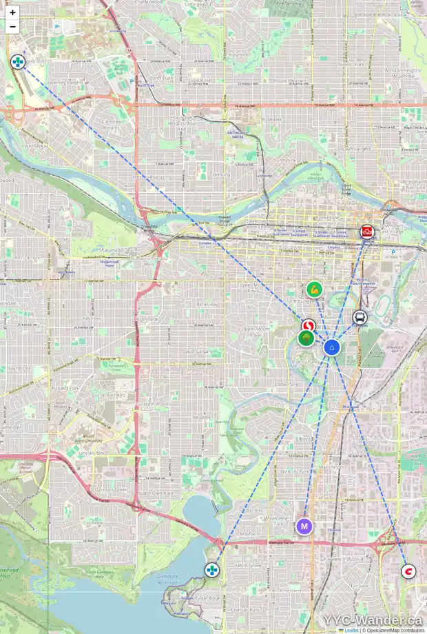 Daily accessibility map for 3036 1 ST SW, Calgary showing nearby schools, grocery stores, parks, LRT stations and nearby amenities