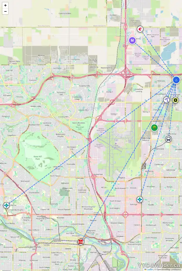 Daily accessibility map for 118 CORNER GLEN GD NE, Calgary showing nearby schools, grocery stores, parks, LRT stations and nearby amenities