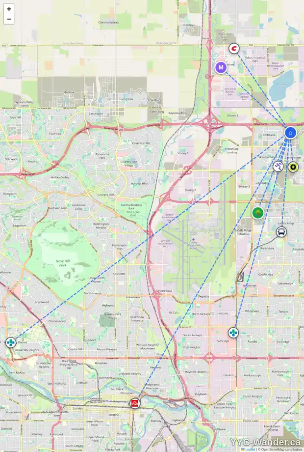 Daily accessibility map for 437 CORNER GLEN WY NE, Calgary showing nearby schools, grocery stores, parks, LRT stations and nearby amenities
