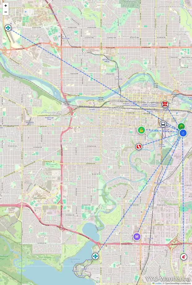 Daily accessibility map for 2019 RAMSAY ST SE, Calgary showing nearby schools, grocery stores, parks, LRT stations and nearby amenities