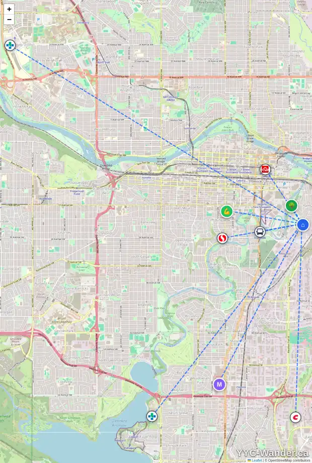 Daily accessibility map for 807 22 AV SE, Calgary showing nearby schools, grocery stores, parks, LRT stations and nearby amenities