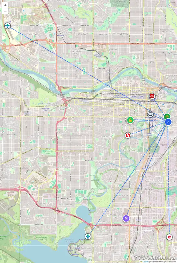 Daily accessibility map for 2018 SALISBURY ST SE, Calgary showing nearby schools, grocery stores, parks, LRT stations and nearby amenities