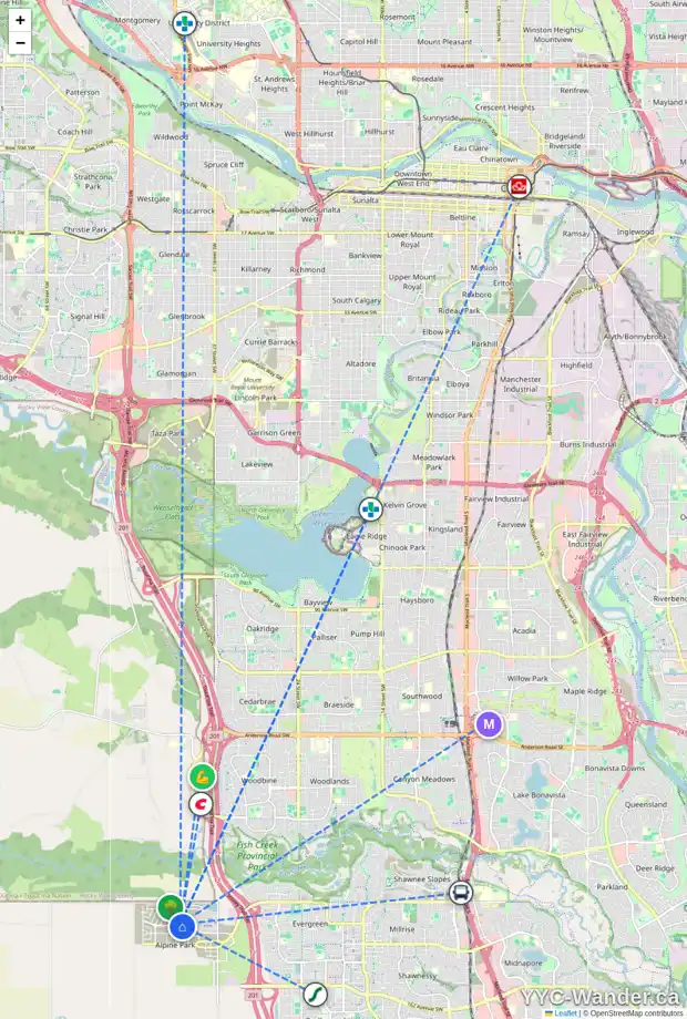 Daily accessibility map for 782 ALPINE AV SW, Calgary showing nearby schools, grocery stores, parks, LRT stations and nearby amenities