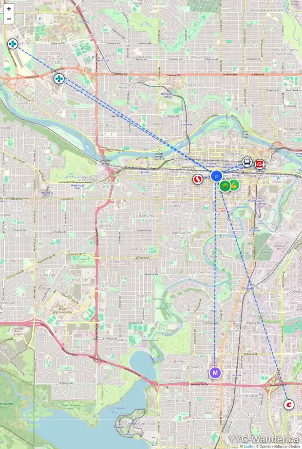 Daily accessibility map for 107 535 10 AV SW, Calgary showing nearby schools, grocery stores, parks, LRT stations and nearby amenities