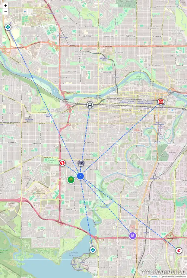 Daily accessibility map for 1963 40 AV SW, Calgary showing nearby schools, grocery stores, parks, LRT stations and nearby amenities