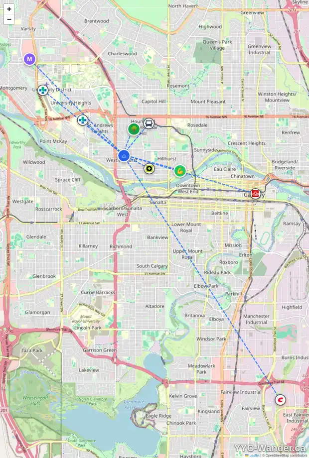 Daily accessibility map for 2328 4 AV NW, Calgary showing nearby schools, grocery stores, parks, LRT stations and nearby amenities