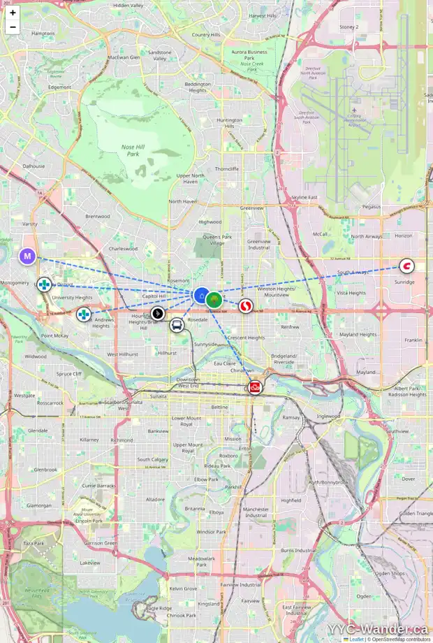 Daily accessibility map for 834 21 AV NW, Calgary showing nearby schools, grocery stores, parks, LRT stations and nearby amenities