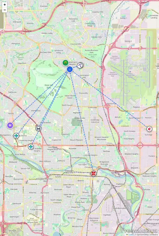 Daily accessibility map for 110 HUNTERBROOK PL NW, Calgary showing nearby schools, grocery stores, parks, LRT stations and nearby amenities
