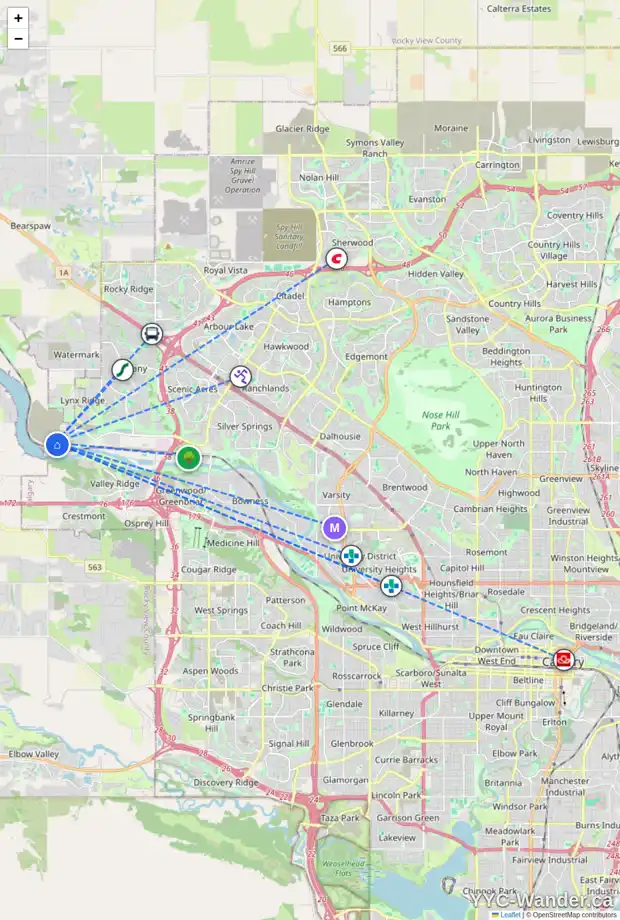 Daily accessibility map for 237 ROWMONT DR NW, Calgary showing nearby schools, grocery stores, parks, LRT stations and nearby amenities
