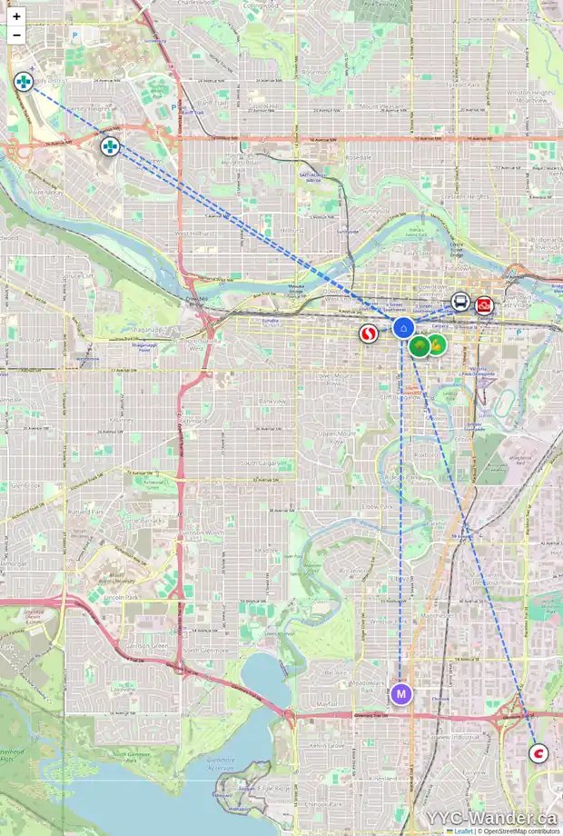 Daily accessibility map for 401 535 10 AV SW, Calgary showing nearby schools, grocery stores, parks, LRT stations and nearby amenities