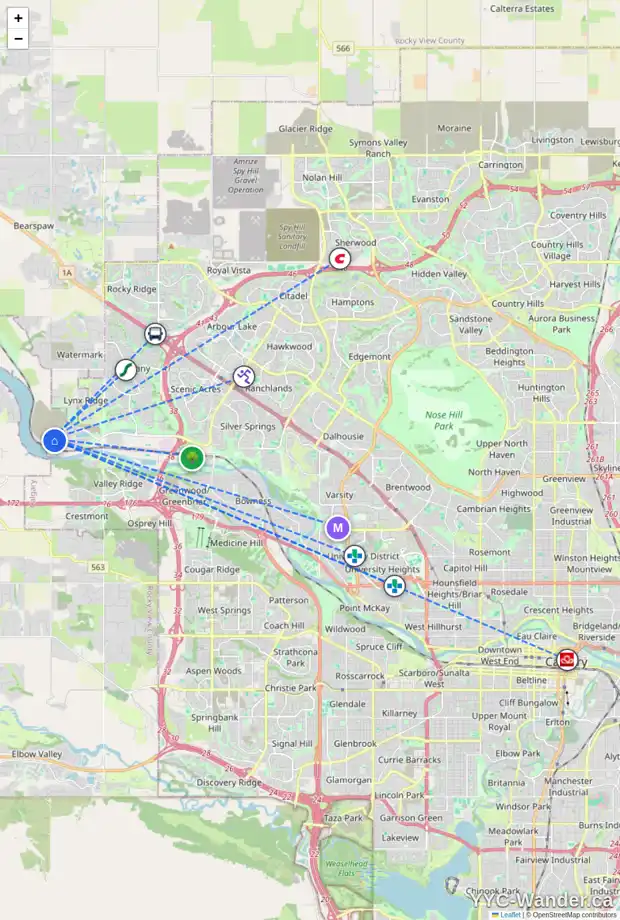 Daily accessibility map for 101 ROWMONT CM NW, Calgary showing nearby schools, grocery stores, parks, LRT stations and nearby amenities