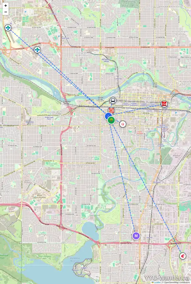 Daily accessibility map for 205 1222 13 AV SW, Calgary showing nearby schools, grocery stores, parks, LRT stations and nearby amenities