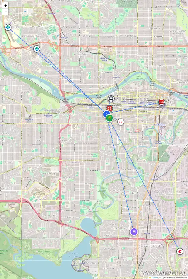 Daily accessibility map for 208 1222 13 AV SW, Calgary showing nearby schools, grocery stores, parks, LRT stations and nearby amenities