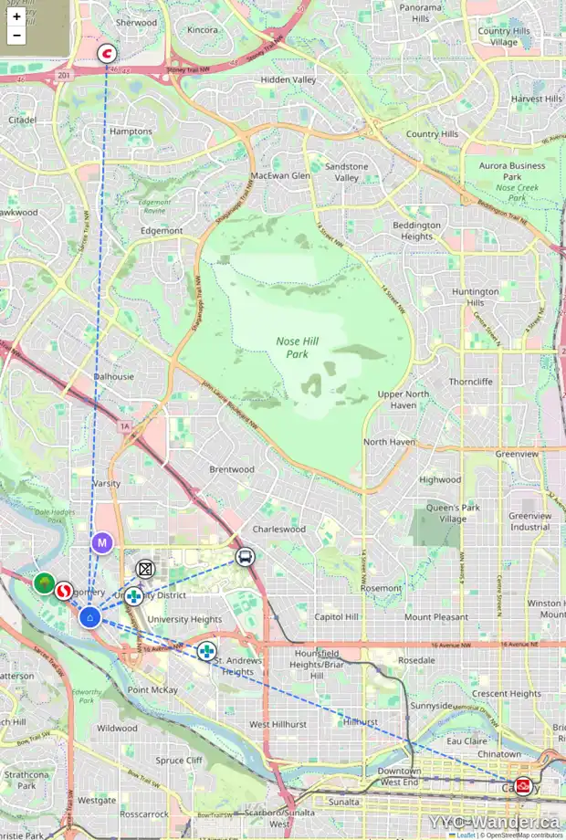 Daily accessibility map for 1 4612 17 AV NW, Calgary showing nearby schools, grocery stores, parks, LRT stations and nearby amenities