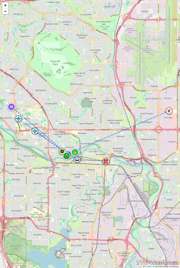 Daily accessibility map for 1655 BOWNESS RD NW, Calgary showing nearby schools, grocery stores, parks, LRT stations and nearby amenities