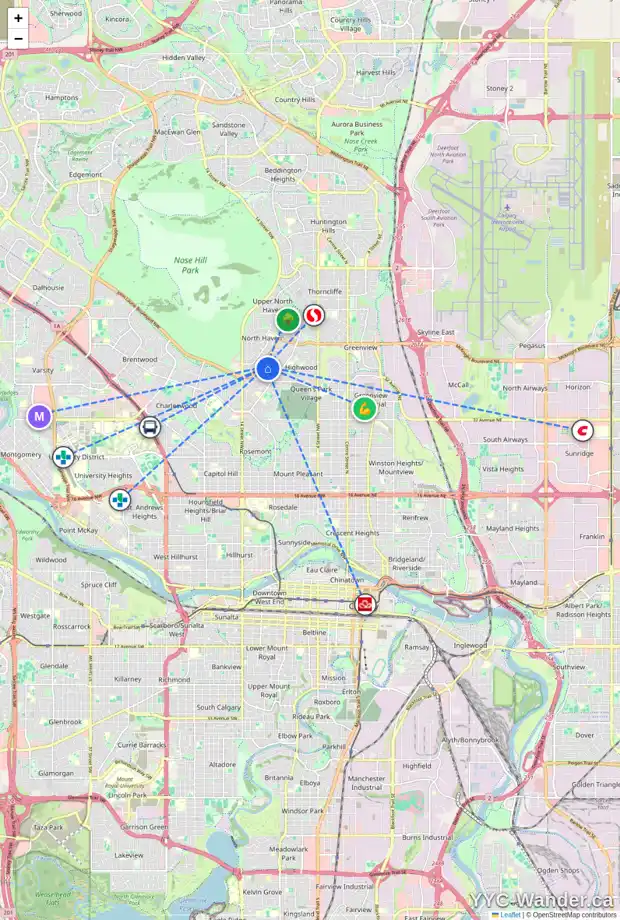 Daily accessibility map for 49 HOUNSLOW DR NW, Calgary showing nearby schools, grocery stores, parks, LRT stations and nearby amenities