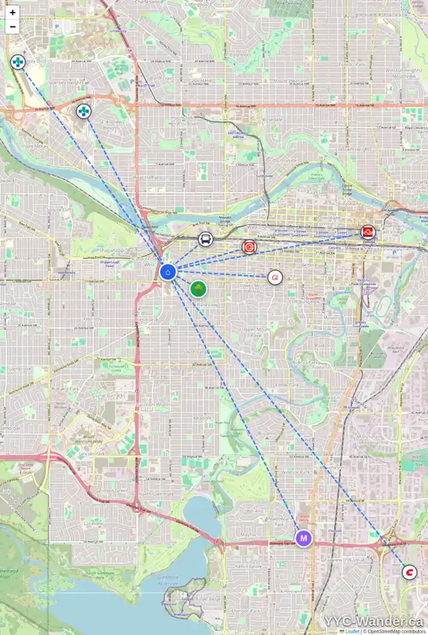 Daily accessibility map for 523 SUNDERLAND AV SW, Calgary showing nearby schools, grocery stores, parks, LRT stations and nearby amenities