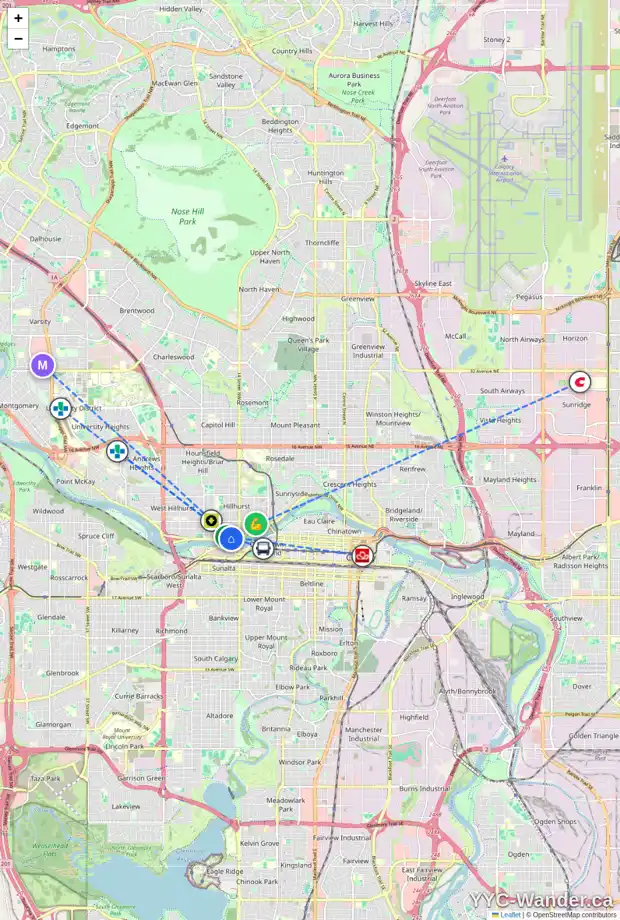 Daily accessibility map for 10 16 ST NW, Calgary showing nearby schools, grocery stores, parks, LRT stations and nearby amenities