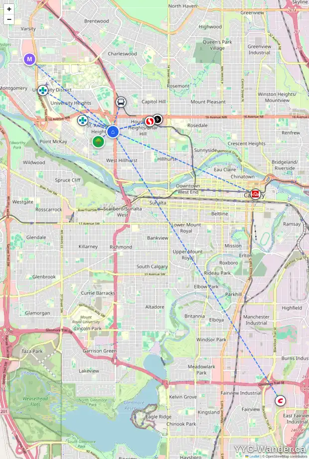 Daily accessibility map for 1327 UNIVERSITY DR NW, Calgary showing nearby schools, grocery stores, parks, LRT stations and nearby amenities