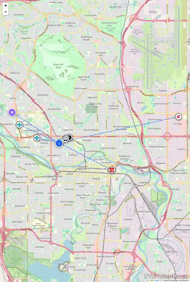 Daily accessibility map for 1238 21 ST NW, Calgary showing nearby schools, grocery stores, parks, LRT stations and nearby amenities
