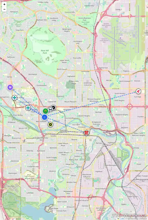 Daily accessibility map for 2213 7 AV NW, Calgary showing nearby schools, grocery stores, parks, LRT stations and nearby amenities