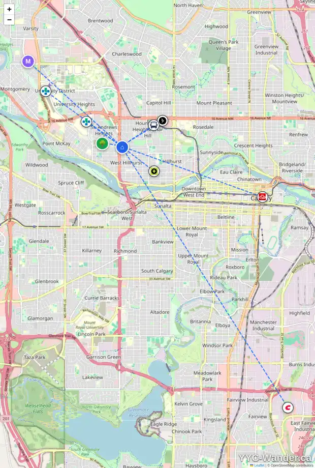 Daily accessibility map for 2434 7 AV NW, Calgary showing nearby schools, grocery stores, parks, LRT stations and nearby amenities