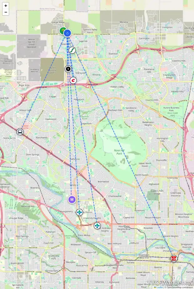 Daily accessibility map for 265 EDITH PL NW, Calgary showing nearby schools, grocery stores, parks, LRT stations and nearby amenities