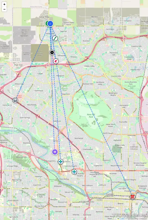 Daily accessibility map for 328 EDITH PL NW, Calgary showing nearby schools, grocery stores, parks, LRT stations and nearby amenities