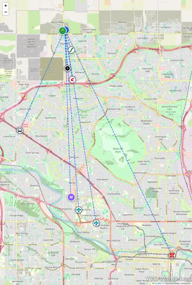 Daily accessibility map for 349 EDITH PL NW, Calgary showing nearby schools, grocery stores, parks, LRT stations and nearby amenities