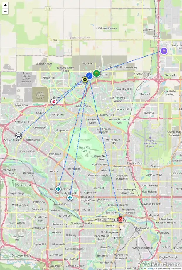 Daily accessibility map for 203 25 EVANSCREST ME NW, Calgary showing nearby schools, grocery stores, parks, LRT stations and nearby amenities