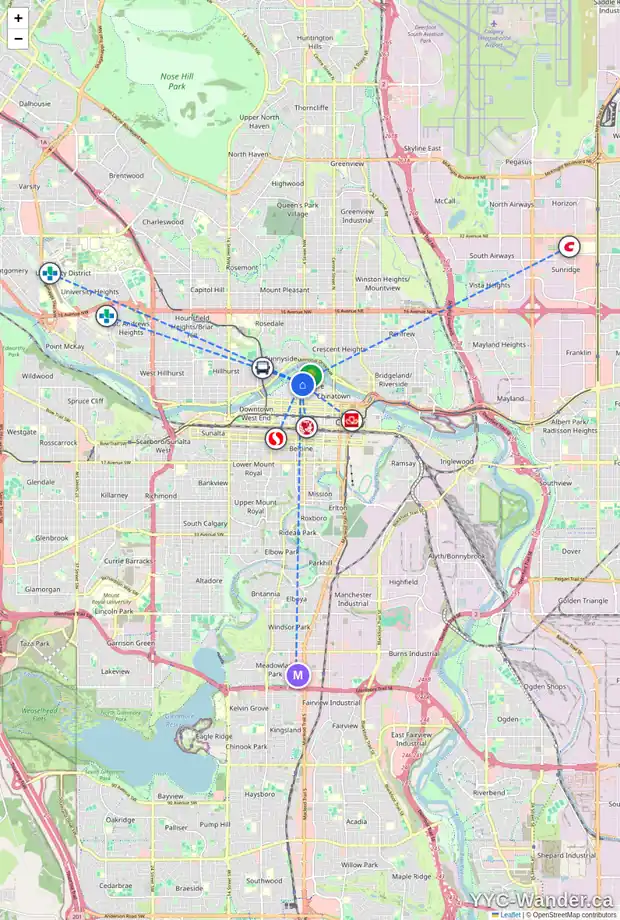 Daily accessibility map for 1002A 500 EAU CLAIRE AV SW, Calgary showing nearby schools, grocery stores, parks, LRT stations and nearby amenities