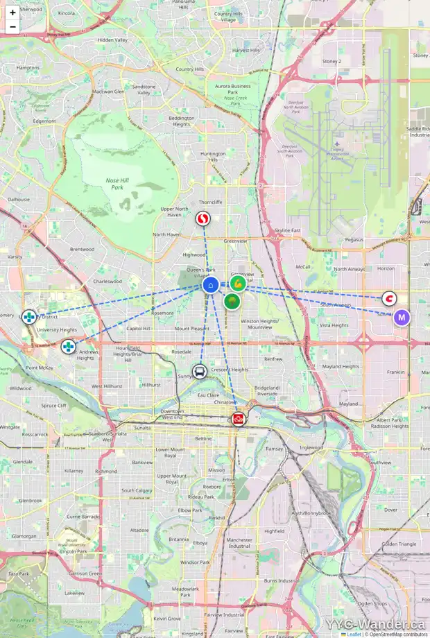 Daily accessibility map for 3 428 34 AV NW, Calgary showing nearby schools, grocery stores, parks, LRT stations and nearby amenities