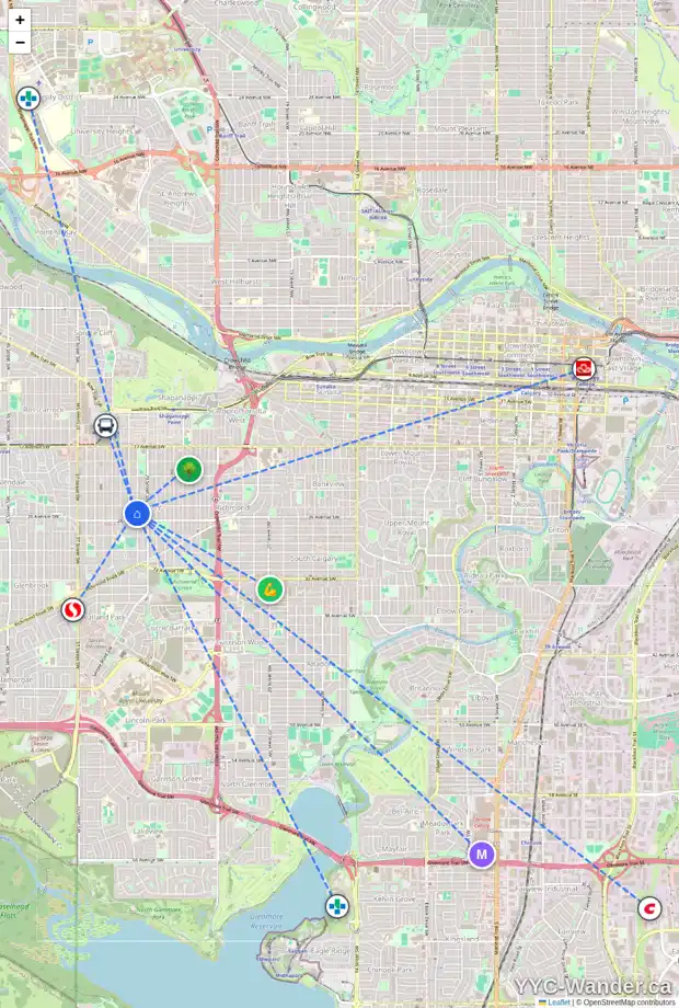 Daily accessibility map for 2615 30 ST SW, Calgary showing nearby schools, grocery stores, parks, LRT stations and nearby amenities