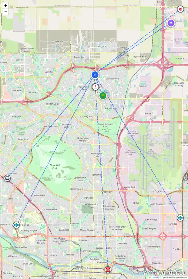 Daily accessibility map for 601 101 PANATELLA SQ NW, Calgary showing nearby schools, grocery stores, parks, LRT stations and nearby amenities