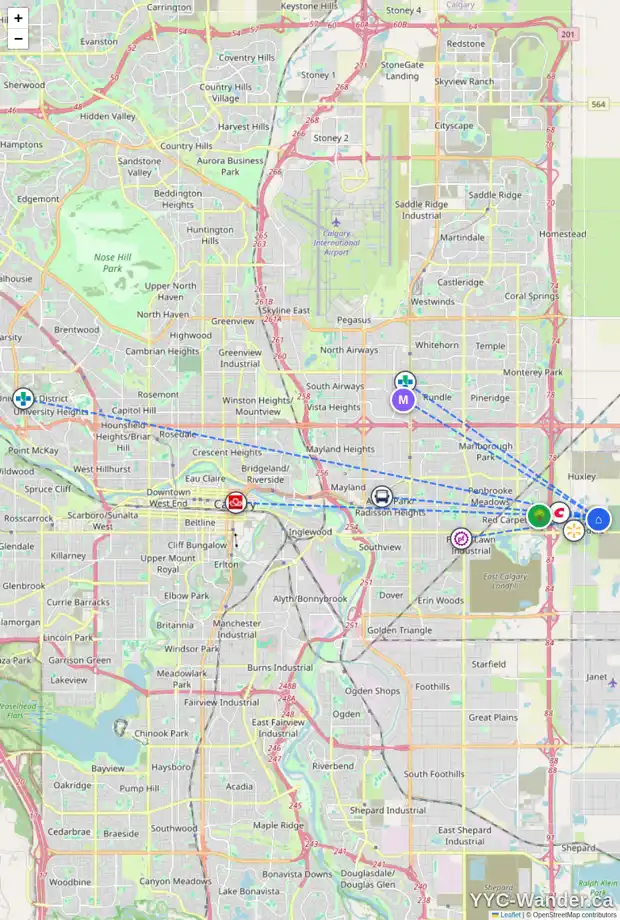 Daily accessibility map for 47 BELVEDERE CR SE, Calgary showing nearby schools, grocery stores, parks, LRT stations and nearby amenities