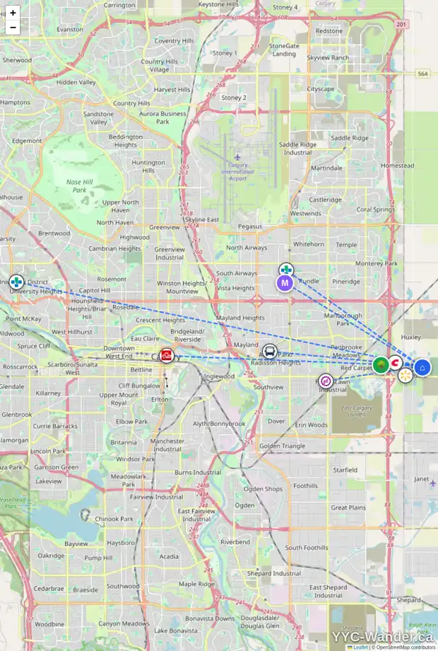 Daily accessibility map for 43 BELVEDERE CR SE, Calgary showing nearby schools, grocery stores, parks, LRT stations and nearby amenities
