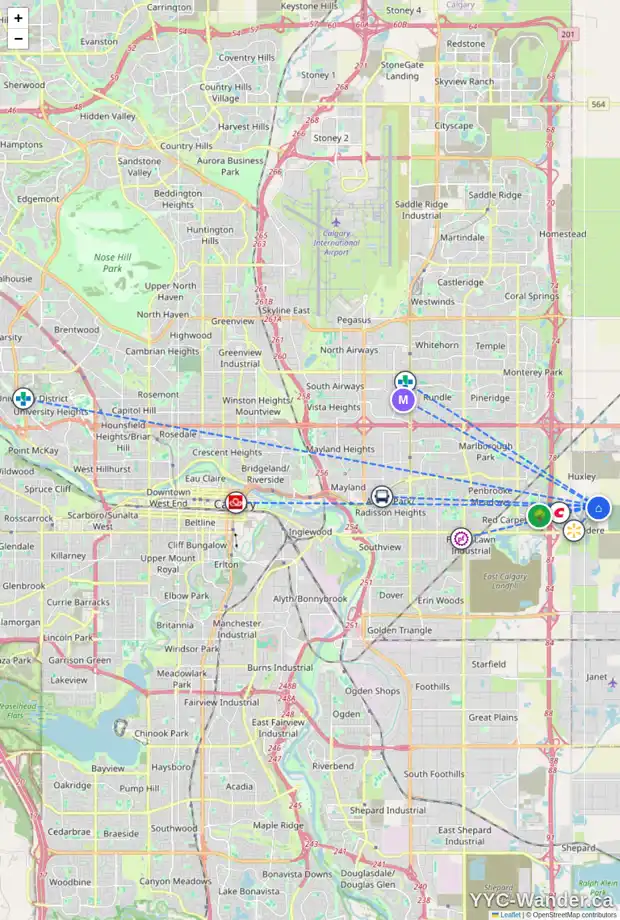 Daily accessibility map for 340 BELVEDERE DR SE, Calgary showing nearby schools, grocery stores, parks, LRT stations and nearby amenities