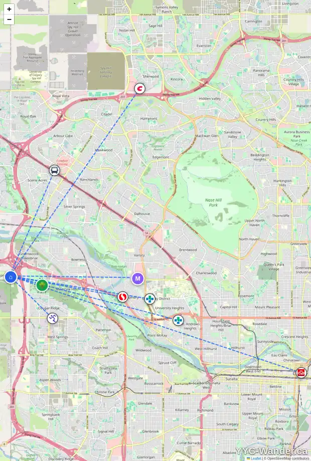 Daily accessibility map for 40 OSPREY HILL PL SW, Calgary showing nearby schools, grocery stores, parks, LRT stations and nearby amenities