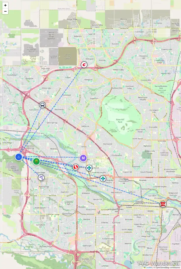 Daily accessibility map for 101 OSPREY HILL WY SW, Calgary showing nearby schools, grocery stores, parks, LRT stations and nearby amenities