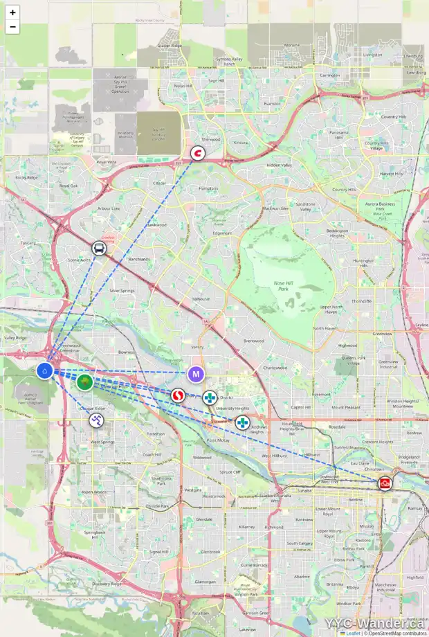 Daily accessibility map for 6 OSPREY HILL BA SW, Calgary showing nearby schools, grocery stores, parks, LRT stations and nearby amenities