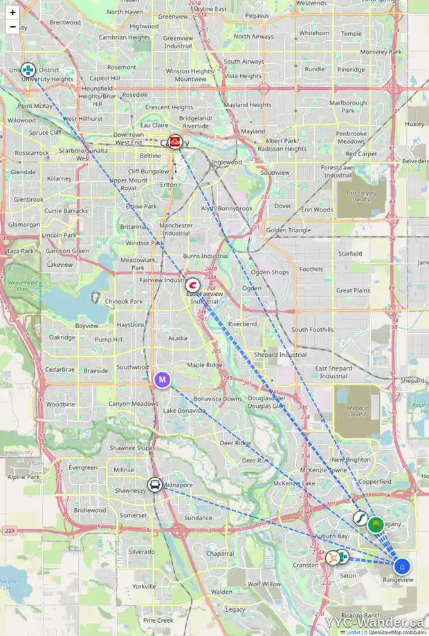 Daily accessibility map for 214 SAVOY LD SE, Calgary showing nearby schools, grocery stores, parks, LRT stations and nearby amenities