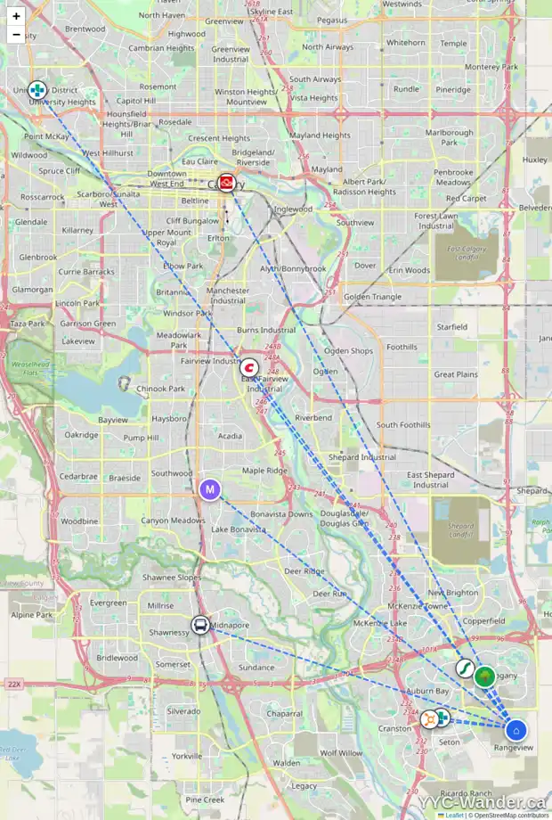 Daily accessibility map for 251 SAVOY LD SE, Calgary showing nearby schools, grocery stores, parks, LRT stations and nearby amenities