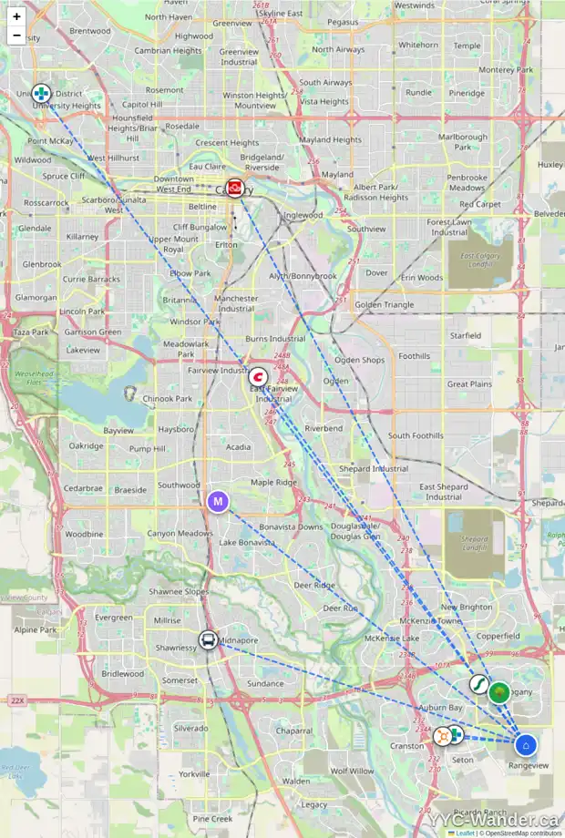 Daily accessibility map for 75 SUGARSNAP AV SE, Calgary showing nearby schools, grocery stores, parks, LRT stations and nearby amenities