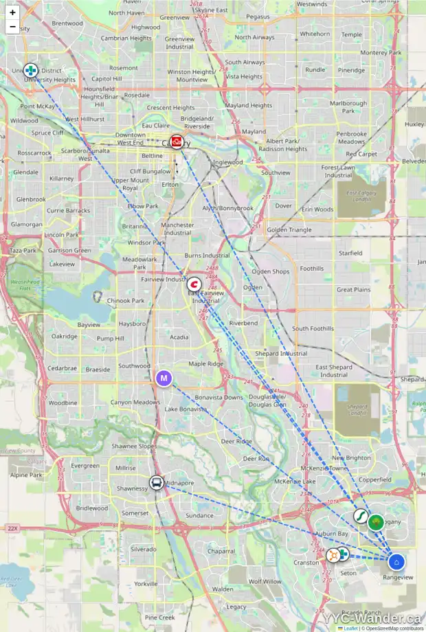 Daily accessibility map for 59 SUGARSNAP AV SE, Calgary showing nearby schools, grocery stores, parks, LRT stations and nearby amenities