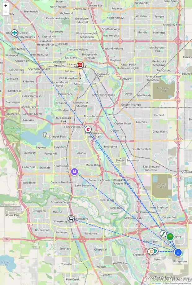 Daily accessibility map for 253 HEIRLOOM WY SE, Calgary showing nearby schools, grocery stores, parks, LRT stations and nearby amenities